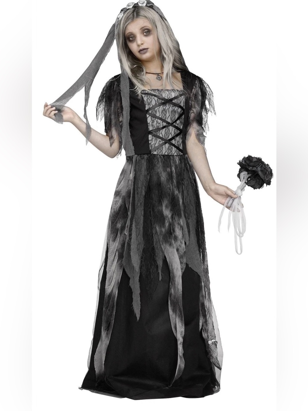 Girls Black Gothic Zombie Costume with Hood